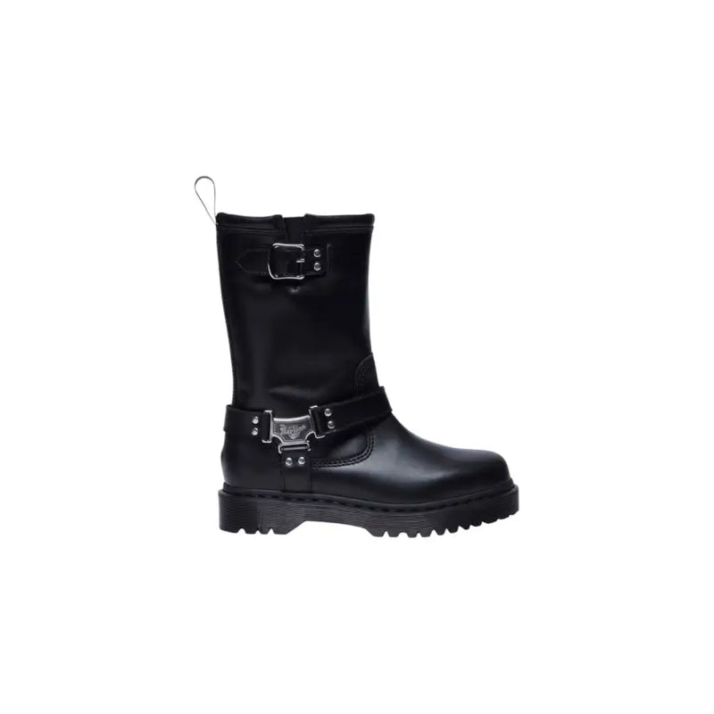 Dr. Martens womens black leather ankle boots with silver buckles and chunky sole