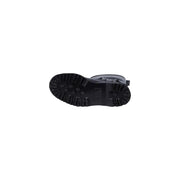 Dr Martens women’s black patent leather ankle boot with chunky rubber sole and star shaped tread pattern back view