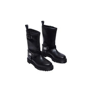 Dr Martens women’s black leather ankle boots with silver buckle accents and chunky textured sole