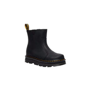 Black leather ankle boots for women by dr martens shown from the back side highlighting the design and material