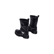 Dr martens women’s black leather motorcycle ankle boots with silver buckle accents and chunky rubber sole