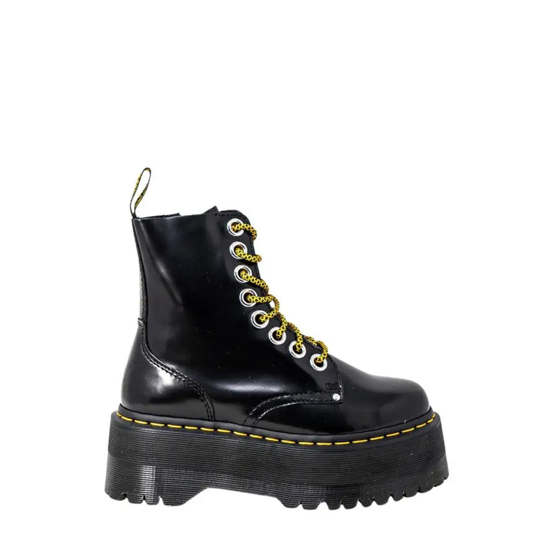 Dr martens women’s black patent leather lace-up boots showing the back side of the footwear