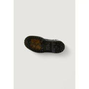 Dr Martens women black leather lace up boots showing the back side with durable leather material and classic design