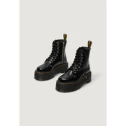 Black leather lace-up boots by dr martens for women showing front view with detailed stitching and laces
