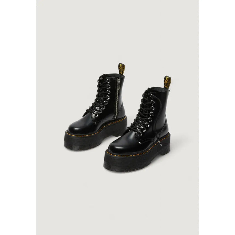 Black leather lace-up boots by dr martens for women showing front view with detailed stitching and laces