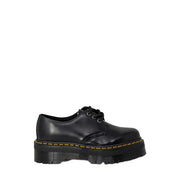 Schwarze Dr. Martens Damen-Plateau-Schnürschuhe aus Leder mit gelben Ziernähten und dicker Sohle
