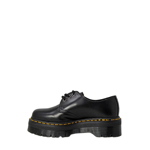 Dr Martens women’s black leather platform lace up shoe with yellow stitching and chunky sole