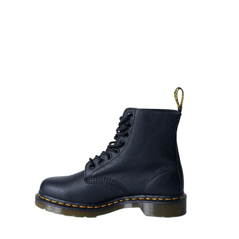 Black leather dr martens women’s fall winter boots shown from the back side highlighting the heel and stitching details