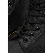 Dr Martens women’s fall winter black leather boots shown from the back side highlighting their durable design
