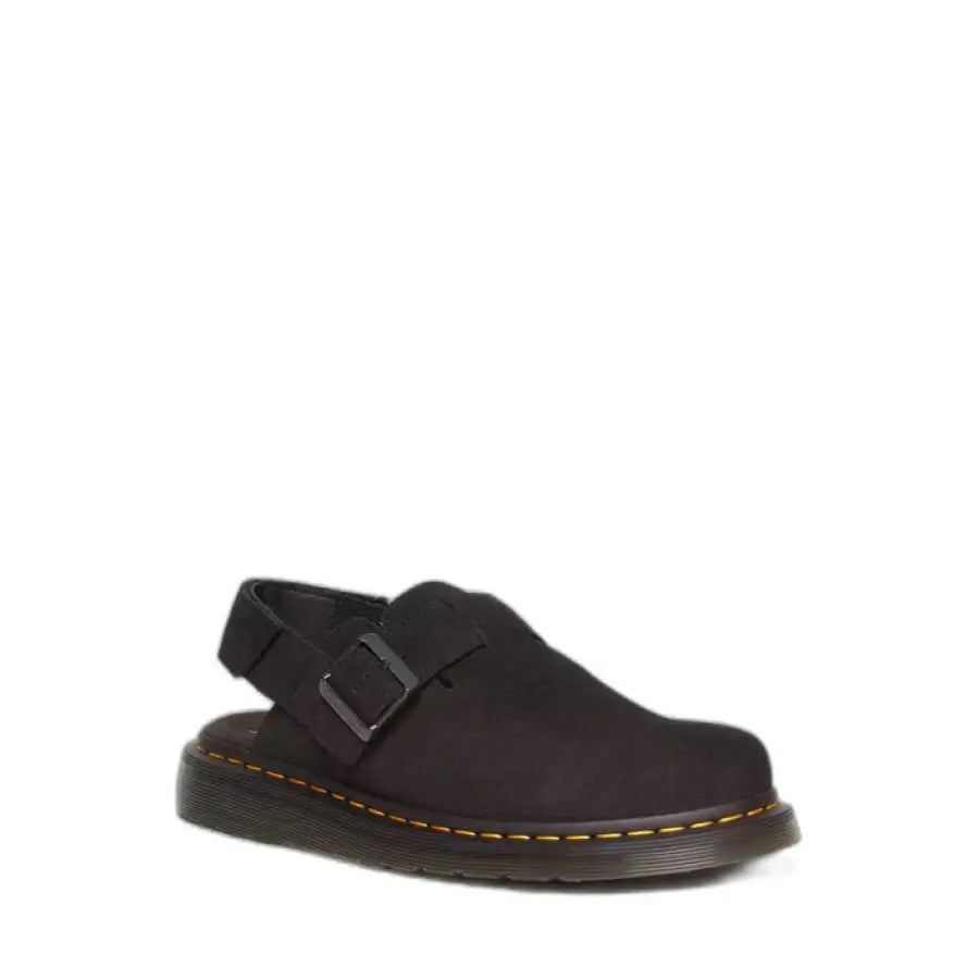 Black suede Dr. Martens sandals with buckle for urban city style fashion