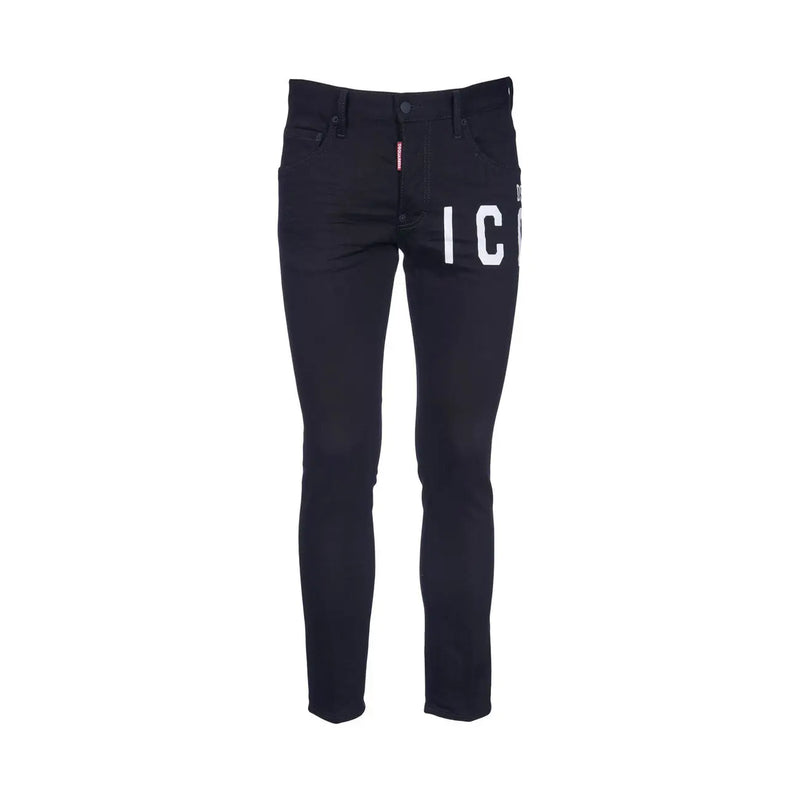 Dsquared Schwarze Slim-Fit-Jeans für Herren mit weißem „IC“-Schriftzug am Oberschenkel und rotem Etikett am Bund, Vorderansicht