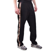 Dsquared men black cotton blend track pants with bold vertical white and maroon stripe featuring repeating logo