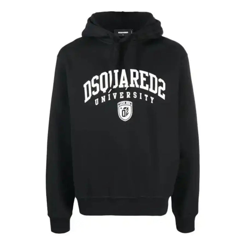Dsquared Schwarzer Herren-Hoodie aus Baumwolle mit weißem, geschwungenem Universitäts-Schriftzug und Schildlogo-Print.
