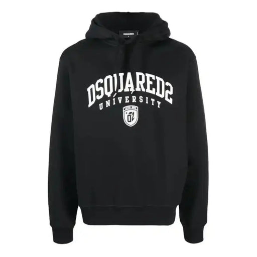 Dsquared Schwarzer Herren-Hoodie aus Baumwolle mit weißem, geschwungenem Universitäts-Schriftzug und Schildlogo-Print.