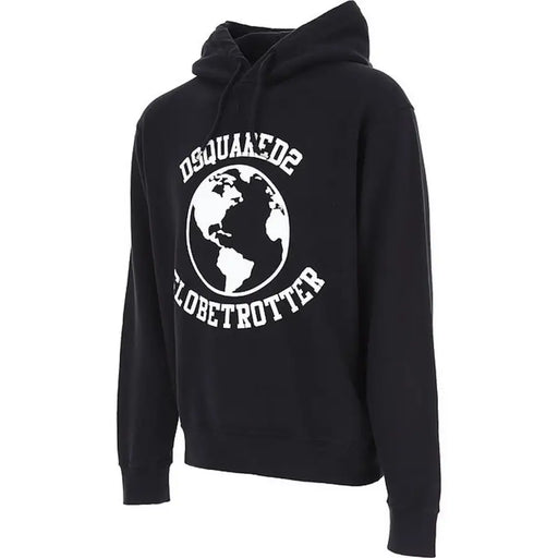 Dsquared Schwarzer Herren-Baumwollhoodie mit auffälligem weißen Globus-Print und dem Schriftzug „dsquared2 globetrotter“ auf der Vorderseite
