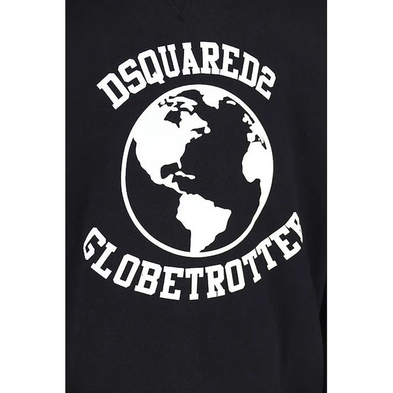 Dsquared men black cotton hooded sweatshirt with bold white globe print and globetrotter lettering on front