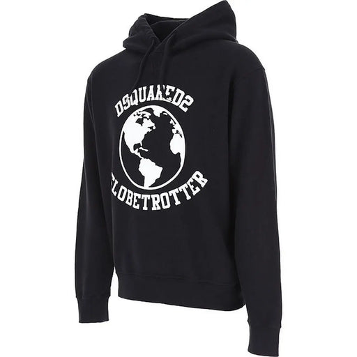 Dsquared men black cotton hoodie with bold white globe print and dsquared2 globetrotter text on front