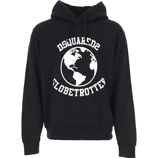 Dsquared Schwarzer Herren-Kapuzenpullover aus Baumwolle mit auffälligem weißen Globus-Print und dem Schriftzug „Globetrotter“ auf der Rückseite