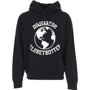 Dsquared men black cotton hooded sweatshirt with bold white globe print and globetrotter text on the back