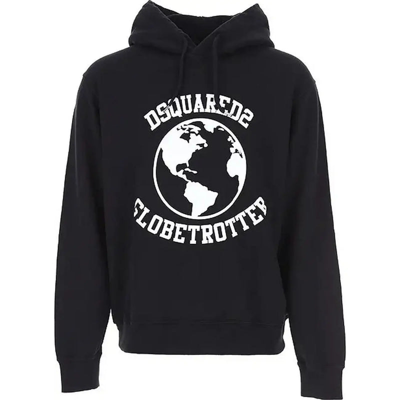 Dsquared men black cotton hooded sweatshirt with bold white globe print and globetrotter text on the back