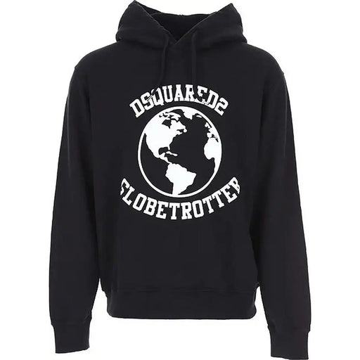 Dsquared men black cotton hooded sweatshirt with bold white globe print and globetrotter text on the back