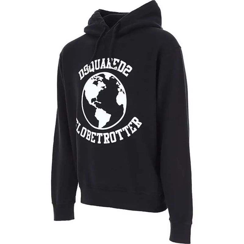 Black Dsquared2 Globetrotter hoodie with white globe graphic on cotton hooded sweatshirt