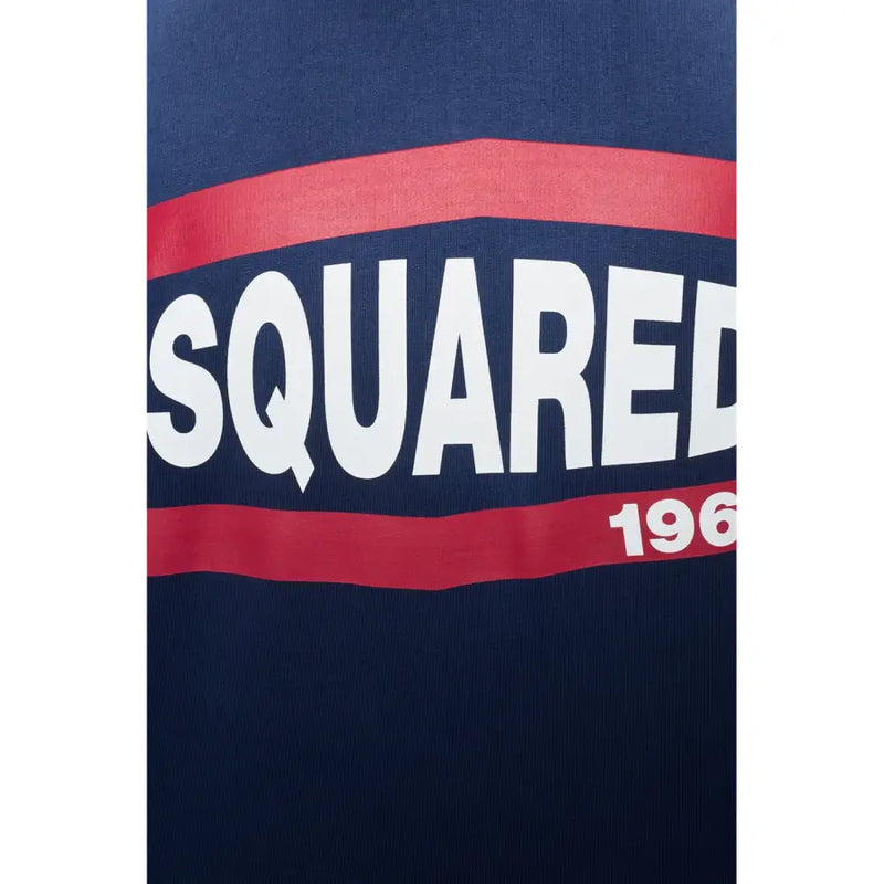 Dsquared Herren-Kapuzenpullover aus Baumwolle mit blauem Aufdruck, marineblau mit auffälliger weißer, quadratischer Schrift und roten Streifen mit dem Aufdruck „1960“.