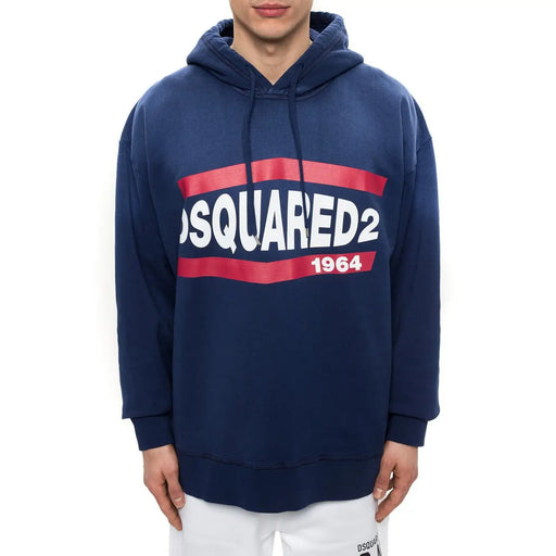 Navy blue Dsquared2 cotton hooded sweatshirt with bold red and white logo across the chest for men