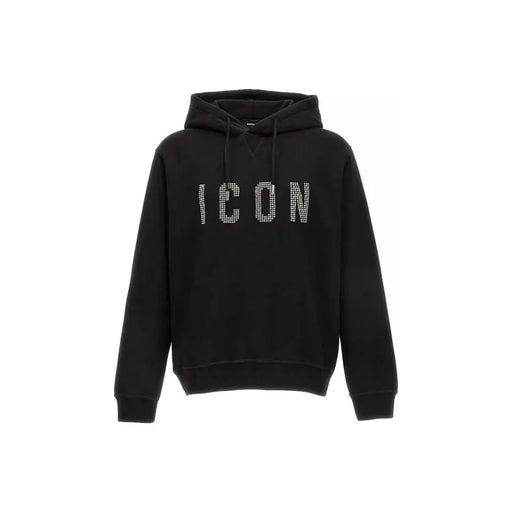 Dsquared Herren schwarzer Baumwoll-Hoodie mit weißen Pailletten icon Schriftzug und Rundhalsausschnitt