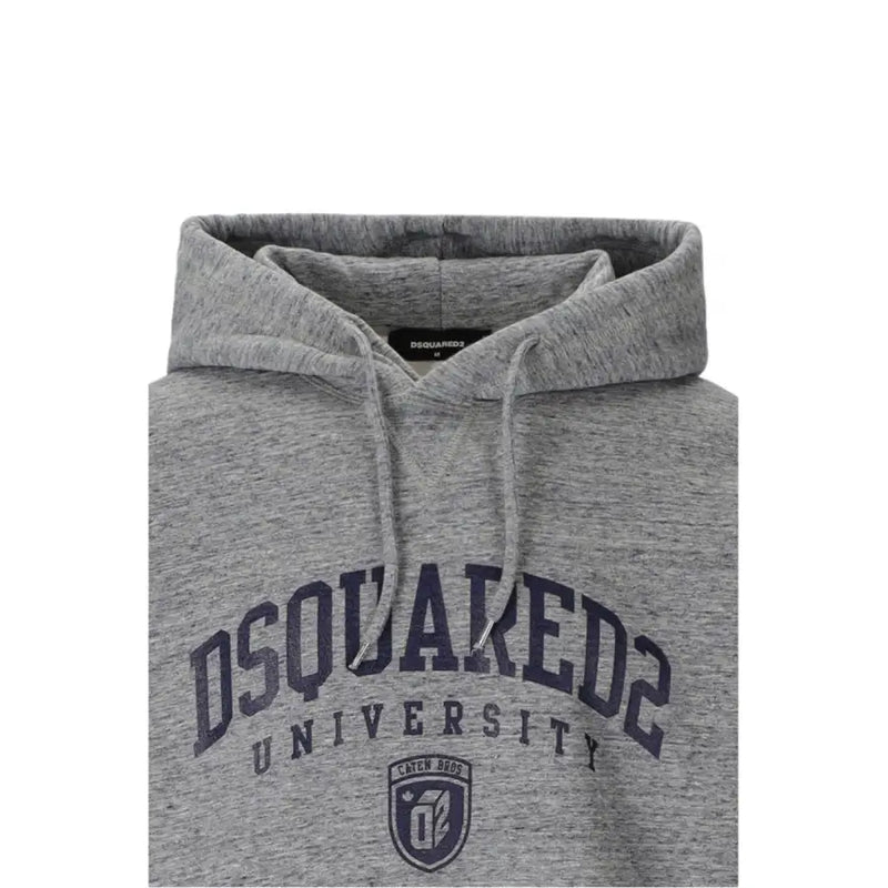 Dsquared Herren-Hoodie aus grau melierter Baumwolle mit marineblauem Dsquared2-Universitätslogo und Wappenemblem auf der Vorderseite