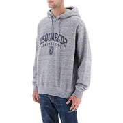 Dsquared grauer Herren-Kapuzenpullover aus Baumwolle mit grau meliertem Stoff und dunkelgrauem, bogenförmigem Universitätslogo.