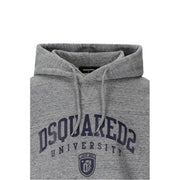 Dsquared men grey heathered cotton hoodie with navy blue dsquared2 university logo and shield emblem on front
