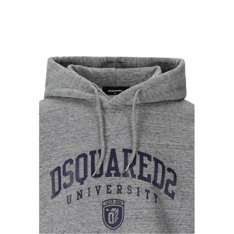 Dsquared men grey heathered cotton hoodie with navy blue dsquared2 university logo and shield emblem on front