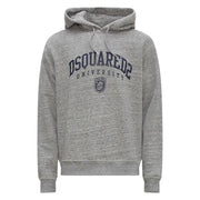 Grauer, melierter Dsquared2-Baumwollhoodie mit marineblauem Dsquared2-University-Logo und Wappen auf der Vorderseite
