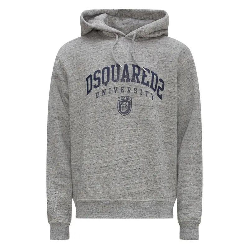 Grauer, melierter Dsquared2-Baumwollhoodie mit marineblauem Dsquared2-University-Logo und Wappen auf der Vorderseite