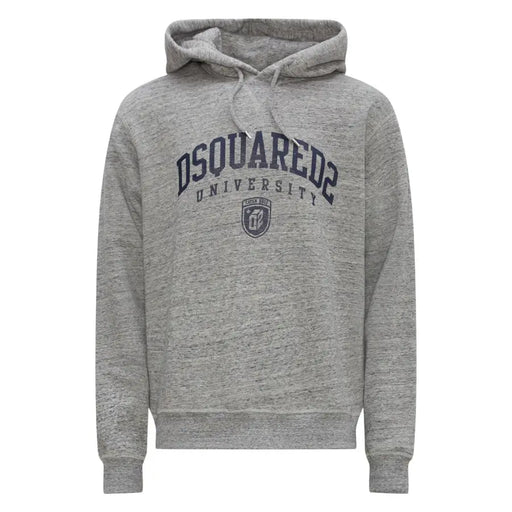 Grauer, melierter Dsquared2-Baumwollhoodie mit marineblauem Dsquared2-University-Logo und Wappen auf der Vorderseite