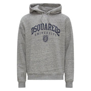 Gray heathered Dsquared2 cotton hoodie with navy blue Dsquared2 University arch logo and crest on the front