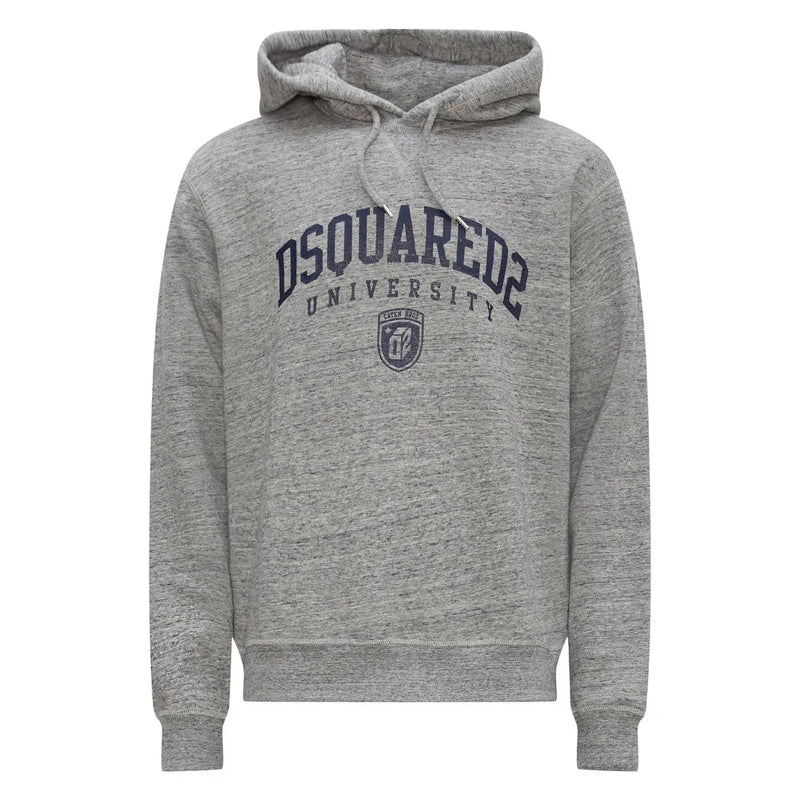 Gray heathered Dsquared2 cotton hoodie with navy blue Dsquared2 University arch logo and crest on the front