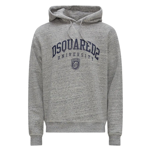 Gray heathered Dsquared2 cotton hoodie with navy blue Dsquared2 University arch logo and crest on the front