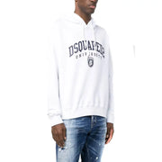 Weißer dsquared2 Herren-Hoodie aus Baumwolle mit marineblauem dsquared2-Universitäts-Schriftzug und -Logo auf der Vorderseite