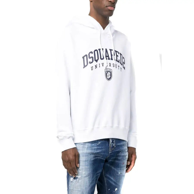 Weißer dsquared2 Herren-Hoodie aus Baumwolle mit marineblauem dsquared2-Universitäts-Schriftzug und -Logo auf der Vorderseite