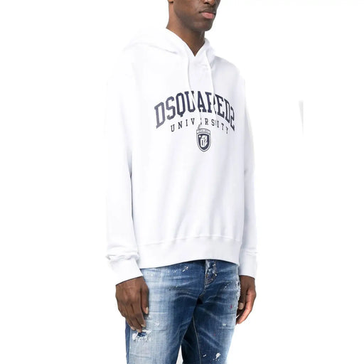 White dsquared2 cotton men hoodie sweatshirt with navy blue dsquared2 university lettering and logo on front