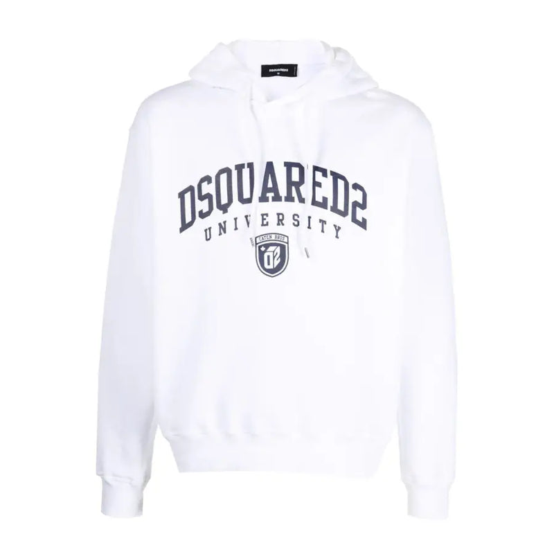 Weißer Dsquared2-Baumwollhoodie mit marineblauem Dsquared2-Universitätsbogenlogo und Wappenemblem auf der Vorderseite