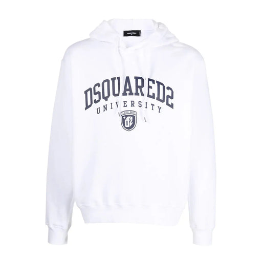 White dsquared2 cotton hoodie with navy blue dsquared2 university arch logo and shield emblem on front