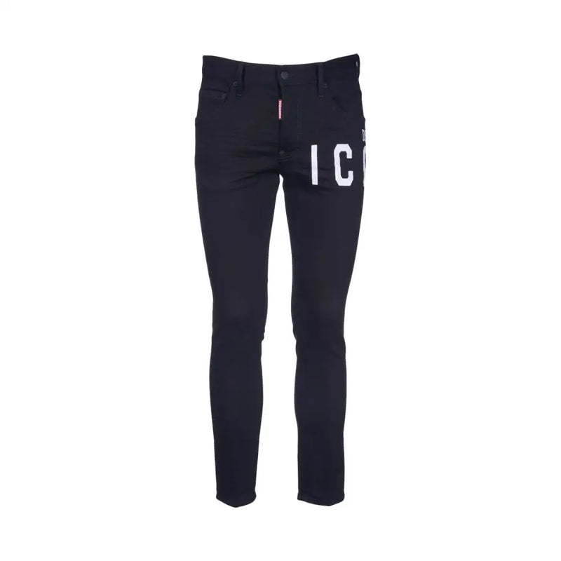Schwarzer Slim-Fit Dsquared Herrenjeans mit auffälligem weißen IC-Schriftzug und rotem Bundetikett für Herbst und Winter B44373