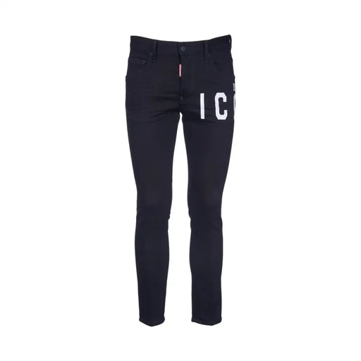 Schwarzer Slim-Fit Dsquared Herrenjeans mit auffälligem weißen IC-Schriftzug und rotem Bundetikett für Herbst und Winter B44373