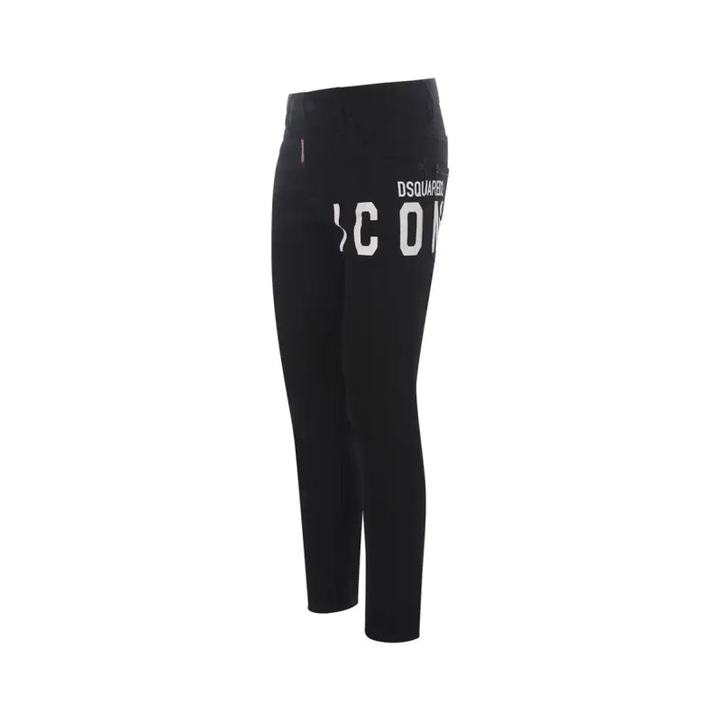 Schwarze Dsquared2 Jeans mit auffälligem weißen icon Schriftzug am Oberschenkel, Reißverschluss und Knopfverschluss für Herbst und Winter