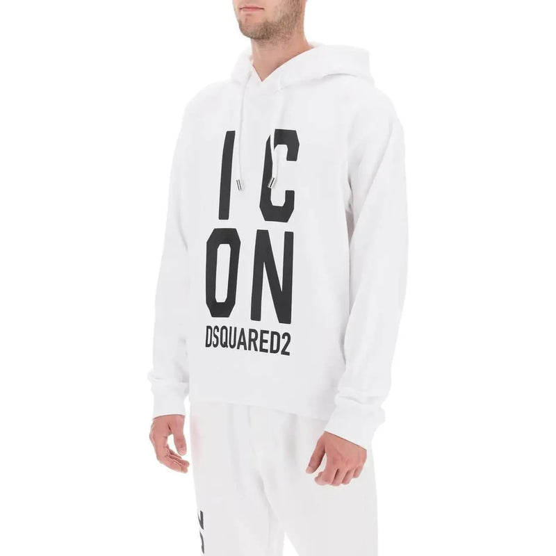 Dsquared men white cotton hooded sweatshirt with bold black icon lettering and brand logo on the front