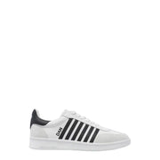 Dsquared Sportlicher Herren-Sneaker aus weißem Leder zum Hineinschlüpfen mit schwarzen Streifen und Fersenlasche, von der Rückseite gesehen