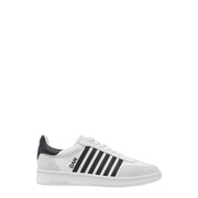 Dsquared men white leather slip on sporty sneaker featuring black stripes and heel tab shown from the back side